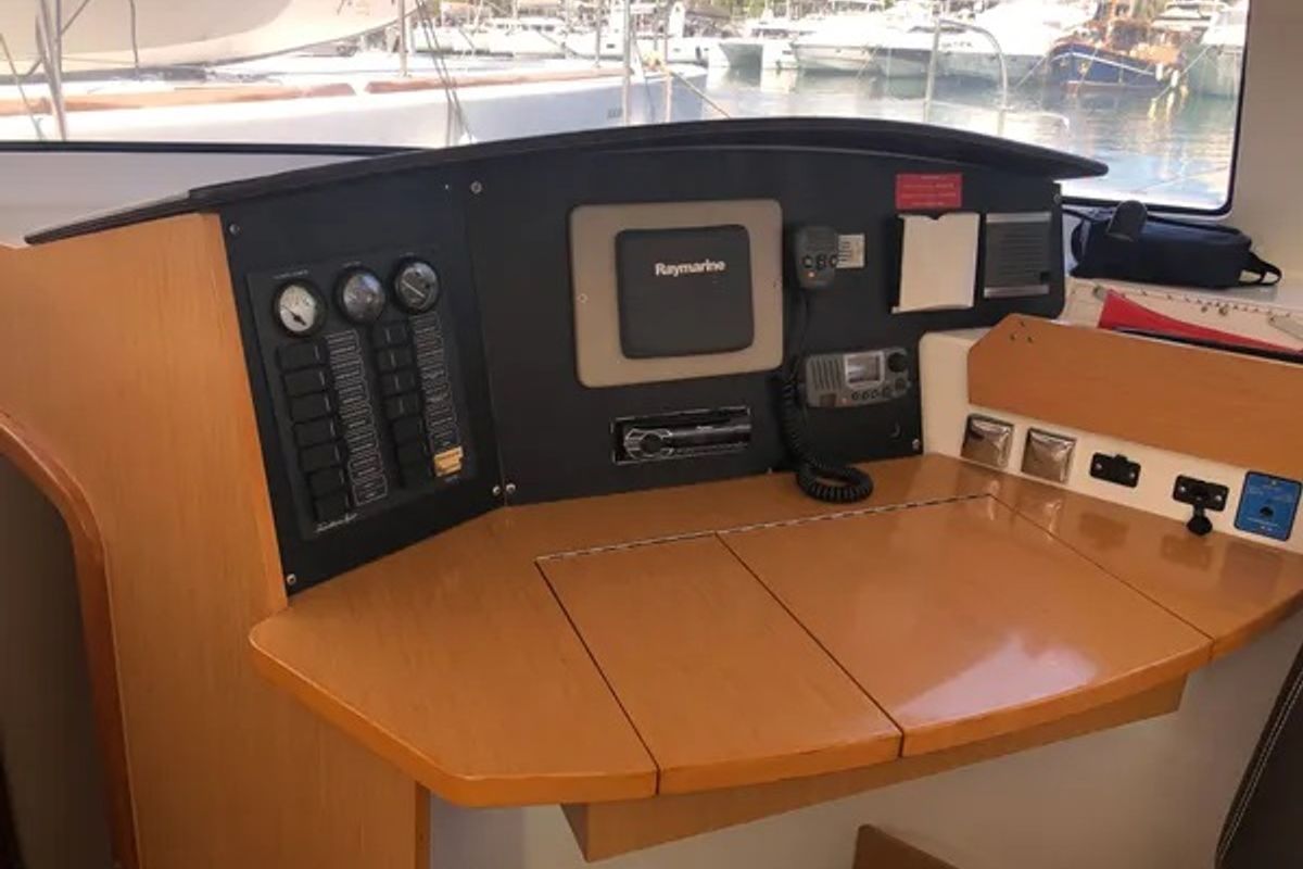 Cockpit of Mariona, a Fountaine Pajot Lipari 41 catamaran at Roses, Spain