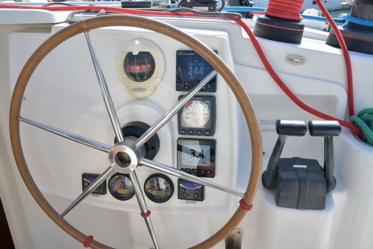 Cockpit of Mariona, a Fountaine Pajot Lipari 41 catamaran at Roses, Spain
