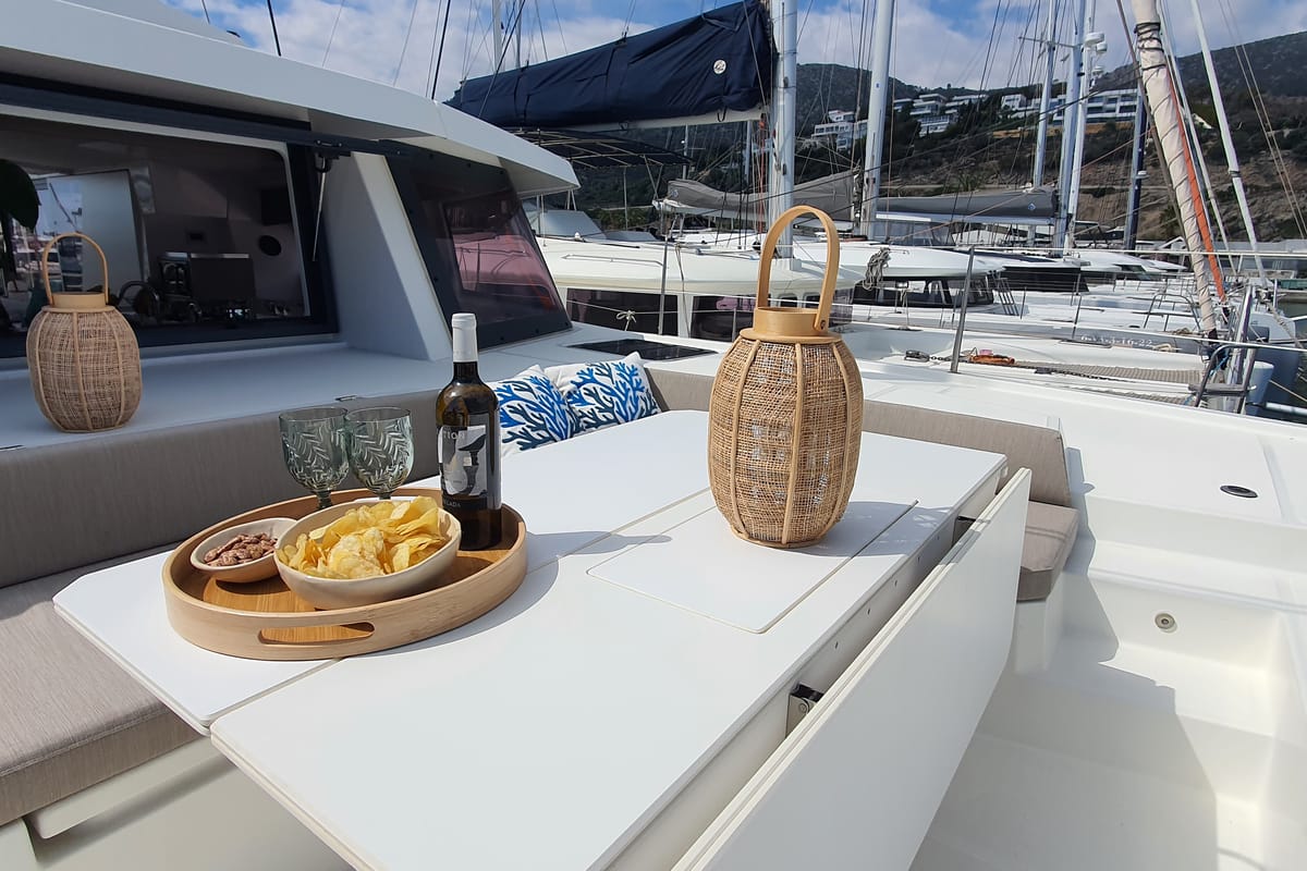 Deck of ONLY ONE LIFE, a Bali 5.4 catamaran at Sitges, Spain