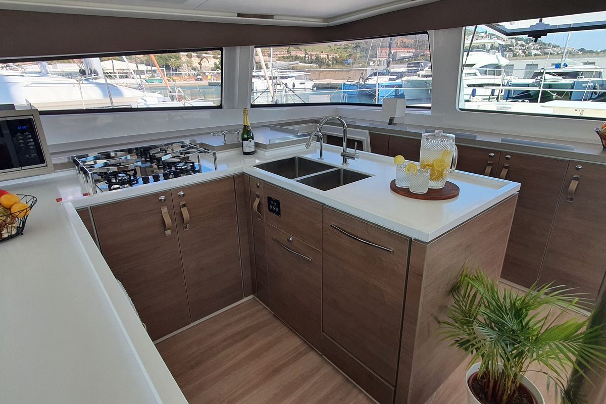 Galley of ONLY ONE LIFE, a Bali 5.4 catamaran at Sitges, Spain