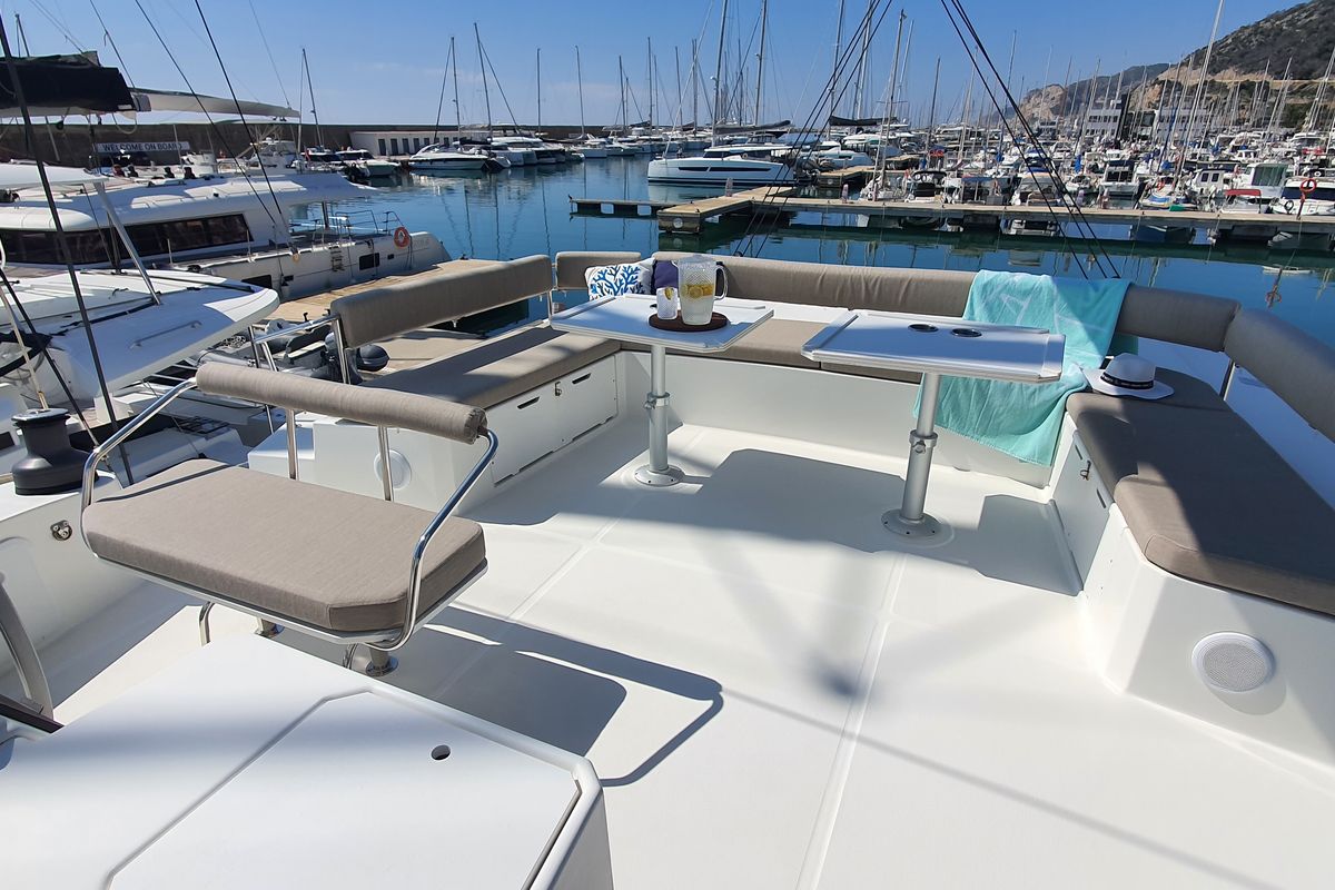 Deck of ONLY ONE LIFE, a Bali 5.4 catamaran at Sitges, Spain