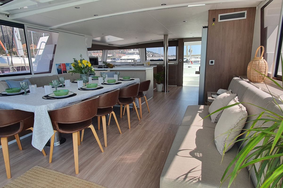 Salon of ONLY ONE LIFE, a Bali 5.4 catamaran at Sitges, Spain