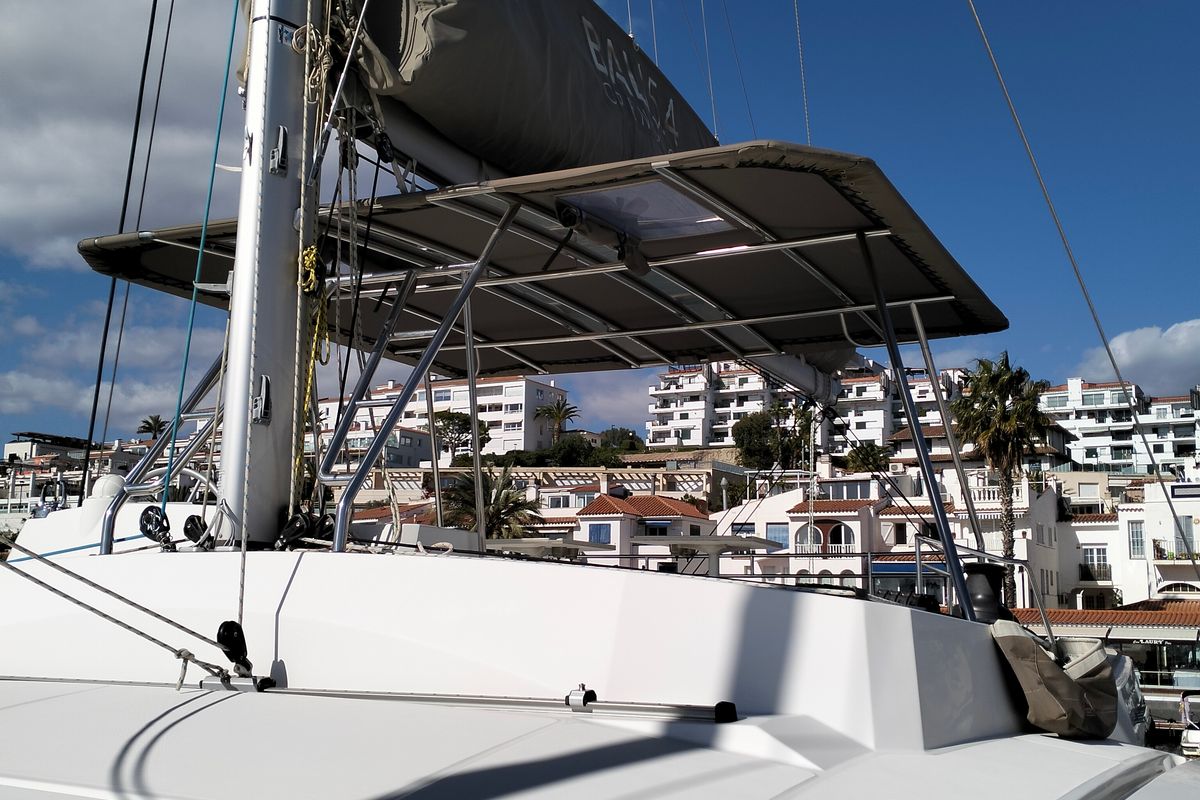 Deck of ONLY ONE LIFE, a Bali 5.4 catamaran at Sitges, Spain