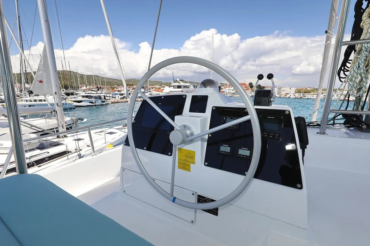 Cockpit of Brain, a Bali 4.6 catamaran at Grad Vodice, Croatia
