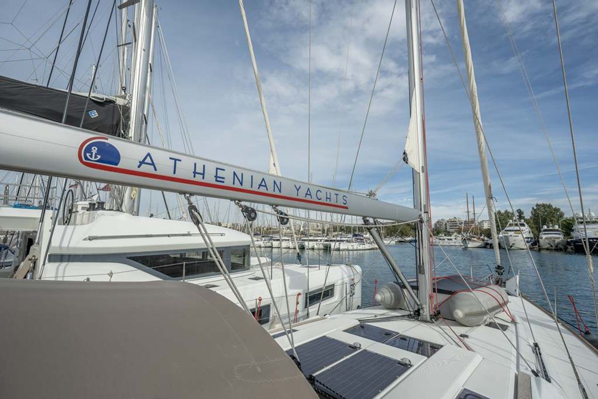 Salon of Alpha, a Jeanneau Sun Odyssey 479 sailboat at Benitses, Greece