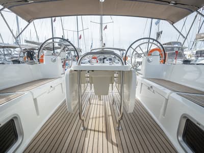 Cockpit of Alpha, a Jeanneau Sun Odyssey 479 sailboat at Benitses, Greece