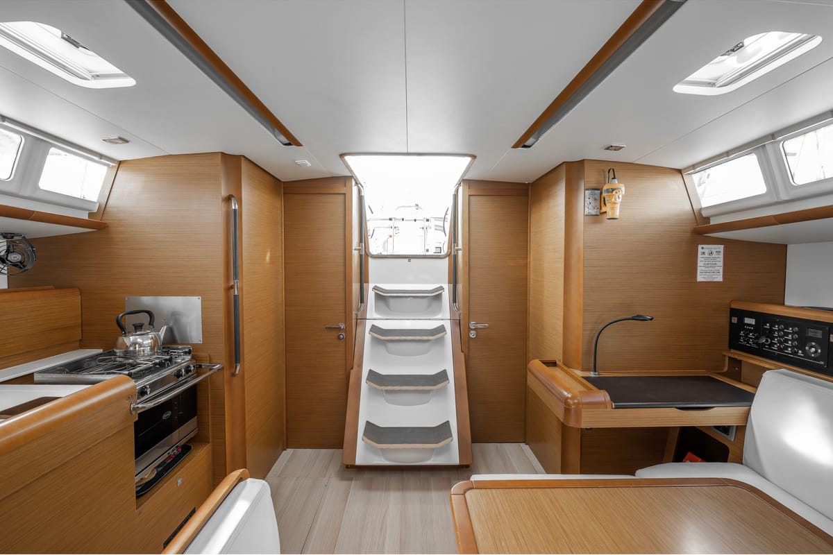 Salon of Alpha, a Jeanneau Sun Odyssey 479 sailboat at Benitses, Greece