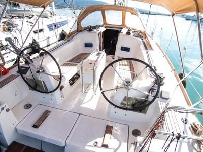 Cockpit of Dimitra, a Jeanneau Sun Odyssey 349 sailboat at Municipal Unit of Nea Peramos, Greece