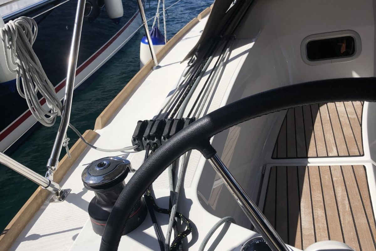 Cockpit of Nara, a Jeanneau Sun Odyssey 349 sailboat at Mali Lošinj, Croatia