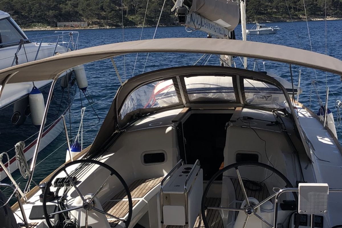 Cockpit of Nara, a Jeanneau Sun Odyssey 349 sailboat at Mali Lošinj, Croatia
