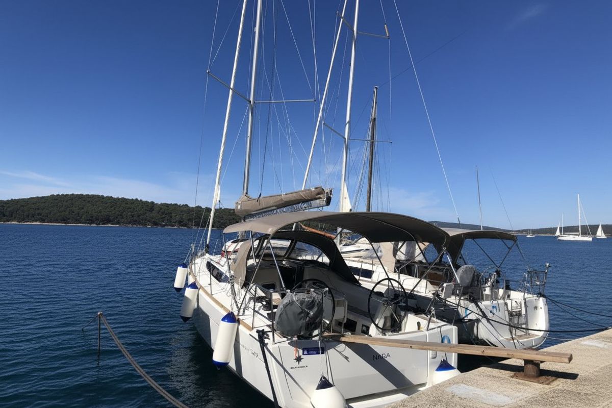 Exterior view of Nara, a Jeanneau Sun Odyssey 349 sailboat at Mali Lošinj, Croatia