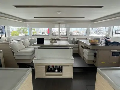 Salon of Aegeus, a Lagoon 51 catamaran at Piraeus, Greece
