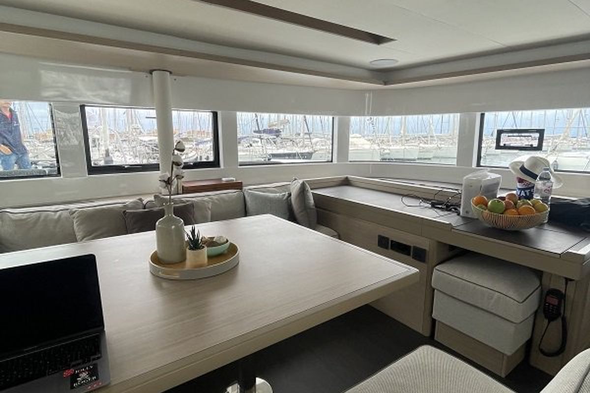 Salon of Aegeus, a Lagoon 51 catamaran at Piraeus, Greece