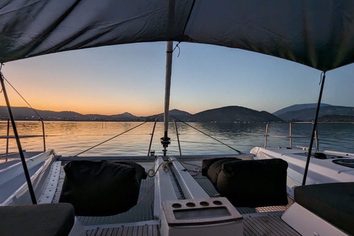Deck of Aegeus, a Lagoon 51 catamaran at Piraeus, Greece
