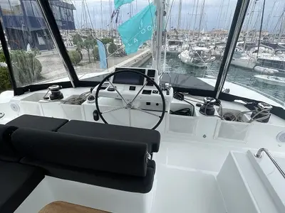 Cockpit of Aegeus, a Lagoon 51 catamaran at Piraeus, Greece