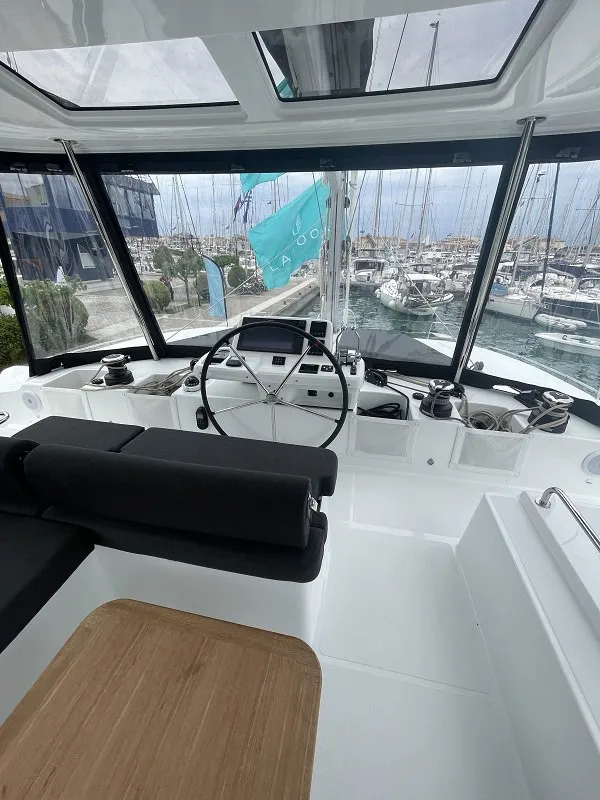 Cockpit of Aegeus, a Lagoon 51 catamaran at Piraeus, Greece