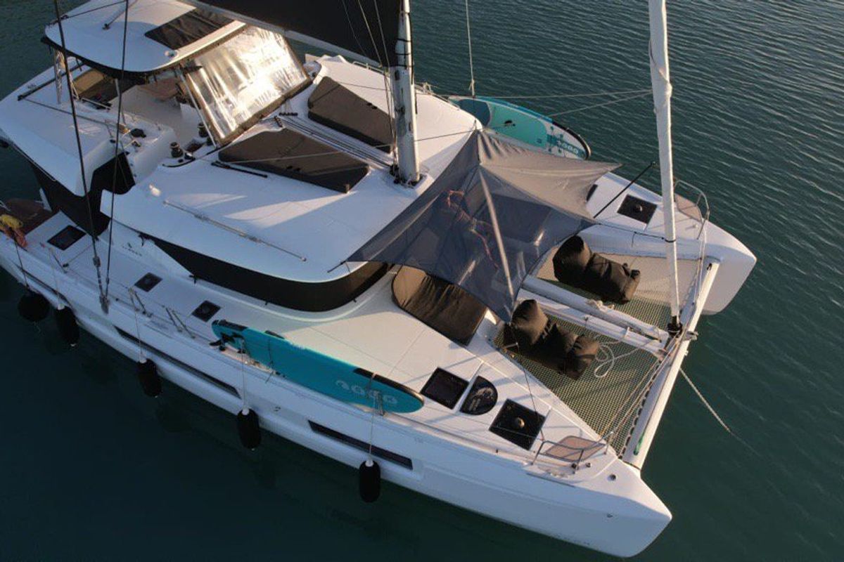 Exterior view of Aegeus, a Lagoon 51 catamaran at Piraeus, Greece