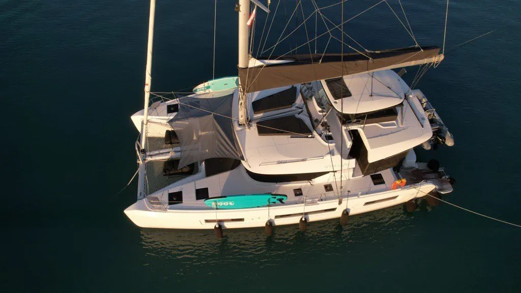 Exterior view of Aegeus, a Lagoon 51 catamaran at Piraeus, Greece