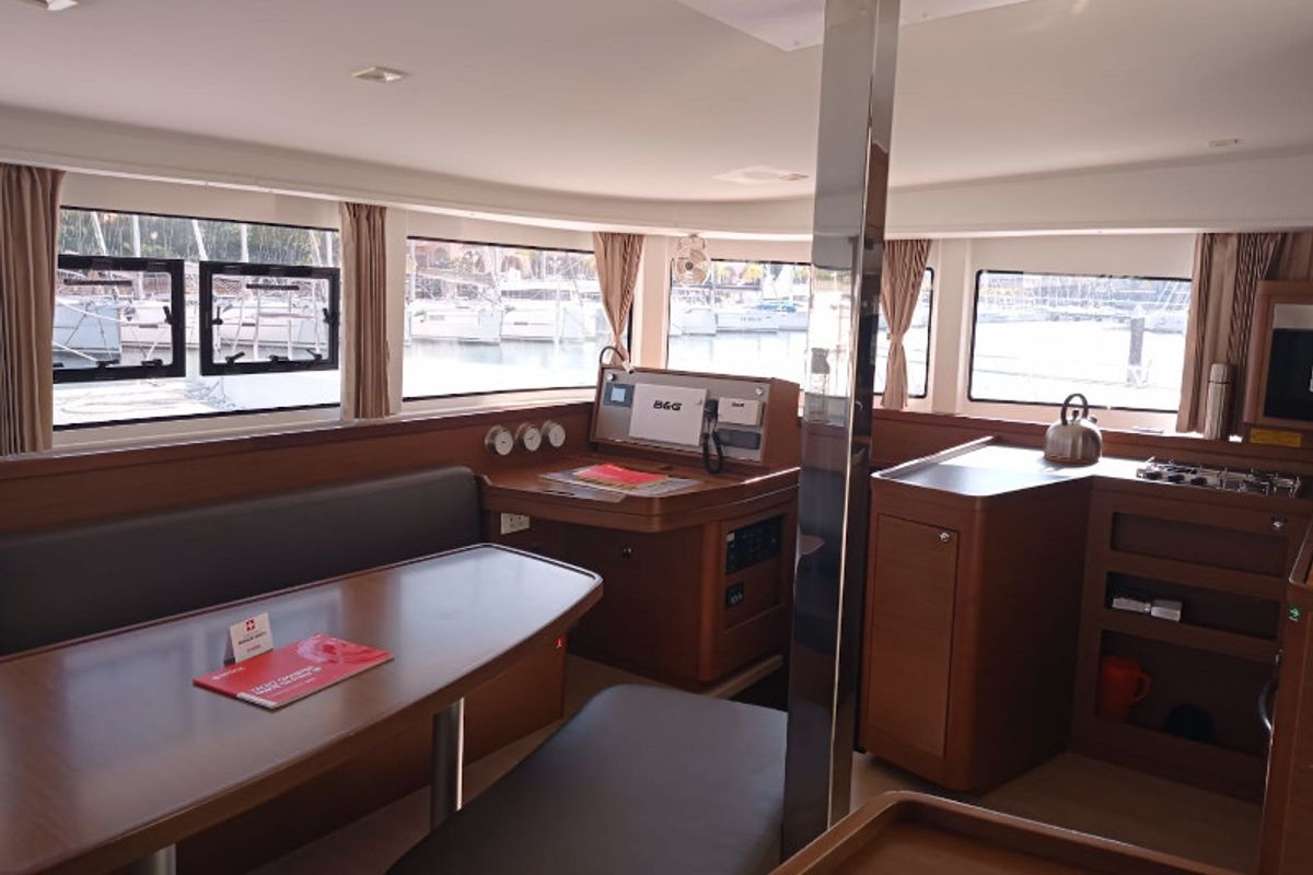 Salon of Claudia, a Lagoon 42 catamaran at Palermo, Italy