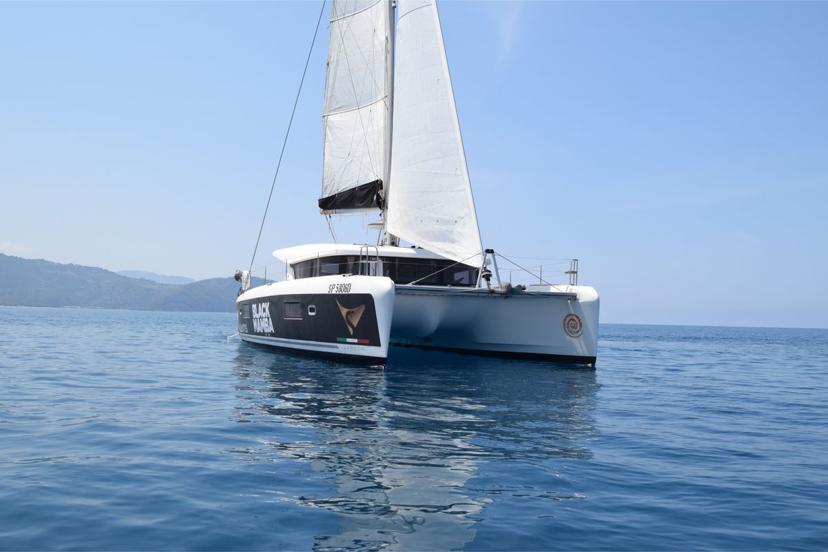 Exterior view of Claudia, a Lagoon 42 catamaran at Palermo, Italy