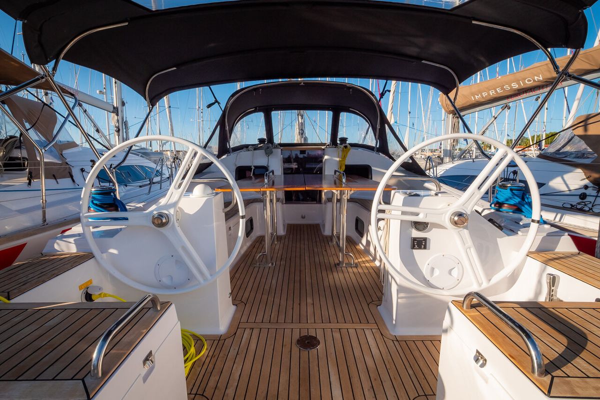 Cockpit of Josephine, a Elan Impression 45.1 sailboat at Grad Biograd na Moru, Croatia