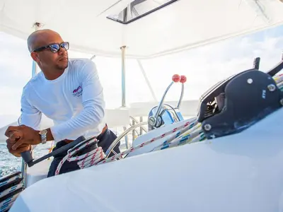 Cockpit of Vision 3, a Leopard 40 catamaran at Uturoa, France