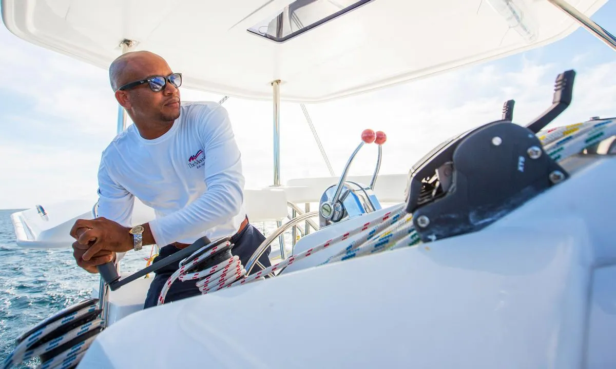 Cockpit of Vision 3, a Leopard 40 catamaran at Uturoa, France