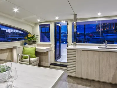 Salon of Vision 3, a Leopard 40 catamaran at Uturoa, France