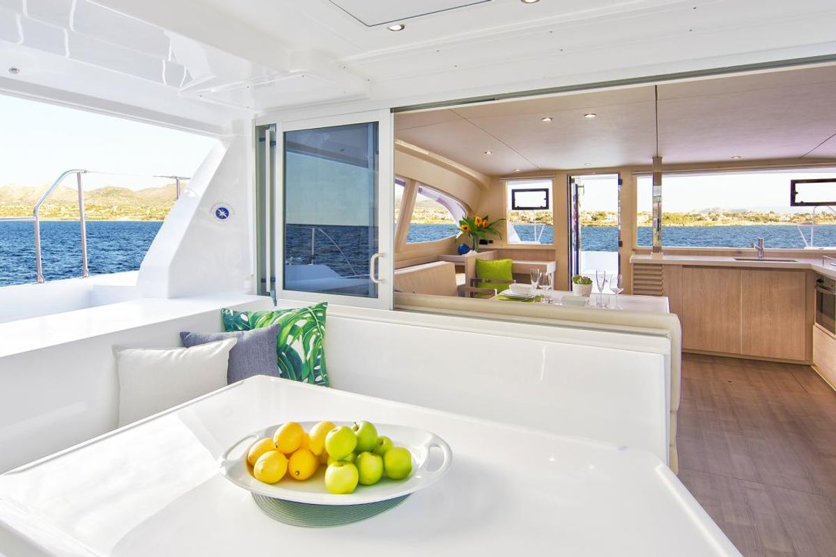 Deck of Vision 3, a Leopard 40 catamaran at Uturoa, France
