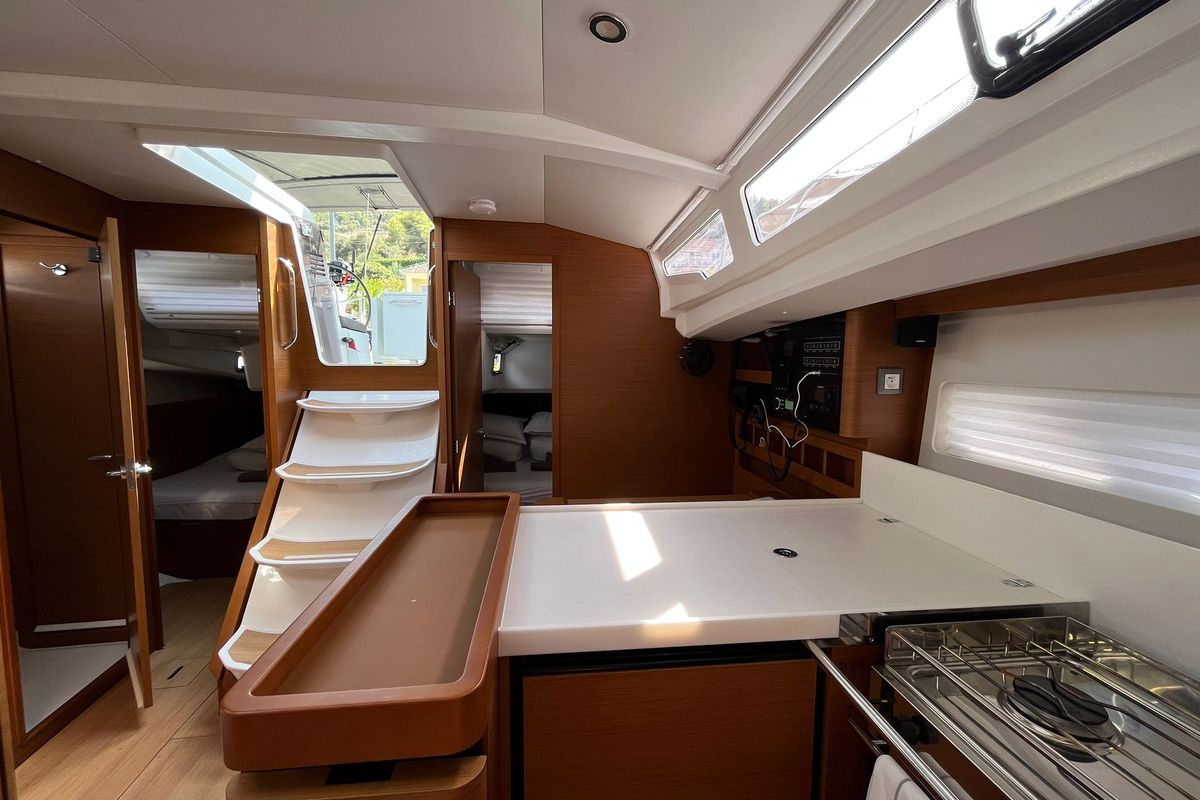 Galley of Art  Vandelay, a Jeanneau Sun Odyssey 440 sailboat at Općina Marina, Croatia