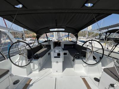 Cockpit of Art Vandelay, a Jeanneau Sun Odyssey 440 sailboat at Općina Marina, Croatia