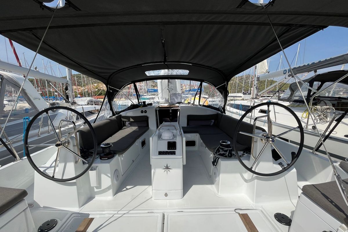 Cockpit of Art Vandelay, a Jeanneau Sun Odyssey 440 sailboat at Općina Marina, Croatia