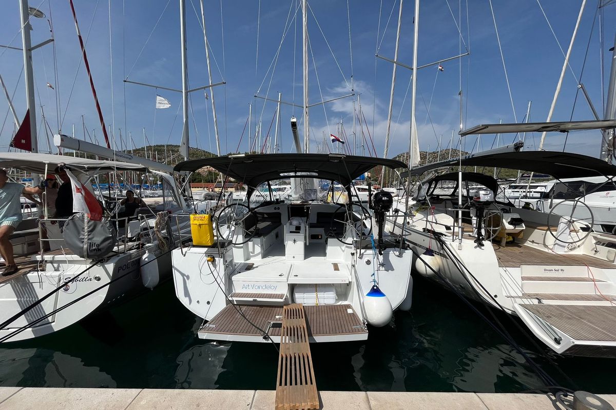 Exterior view of Art Vandelay, a Jeanneau Sun Odyssey 440 sailboat at Općina Marina, Croatia
