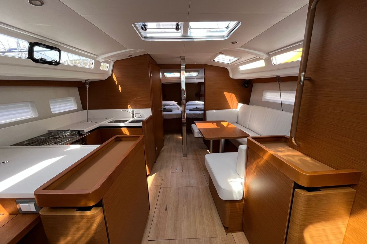 Salon of Art  Vandelay, a Jeanneau Sun Odyssey 440 sailboat at Općina Marina, Croatia