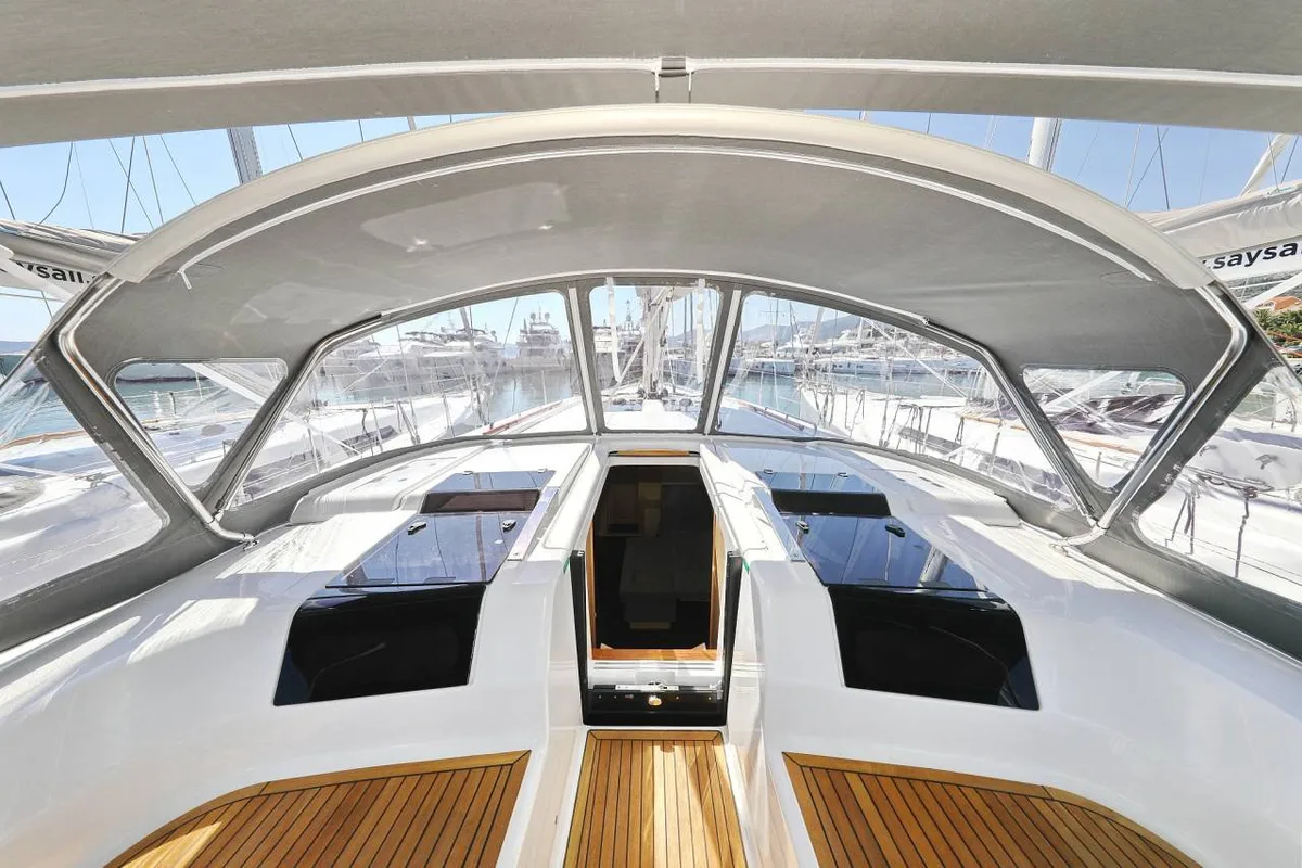 Deck of Ladies G, a Hanse Yachts Hanse 508 sailboat at Grad Šibenik, Croatia
