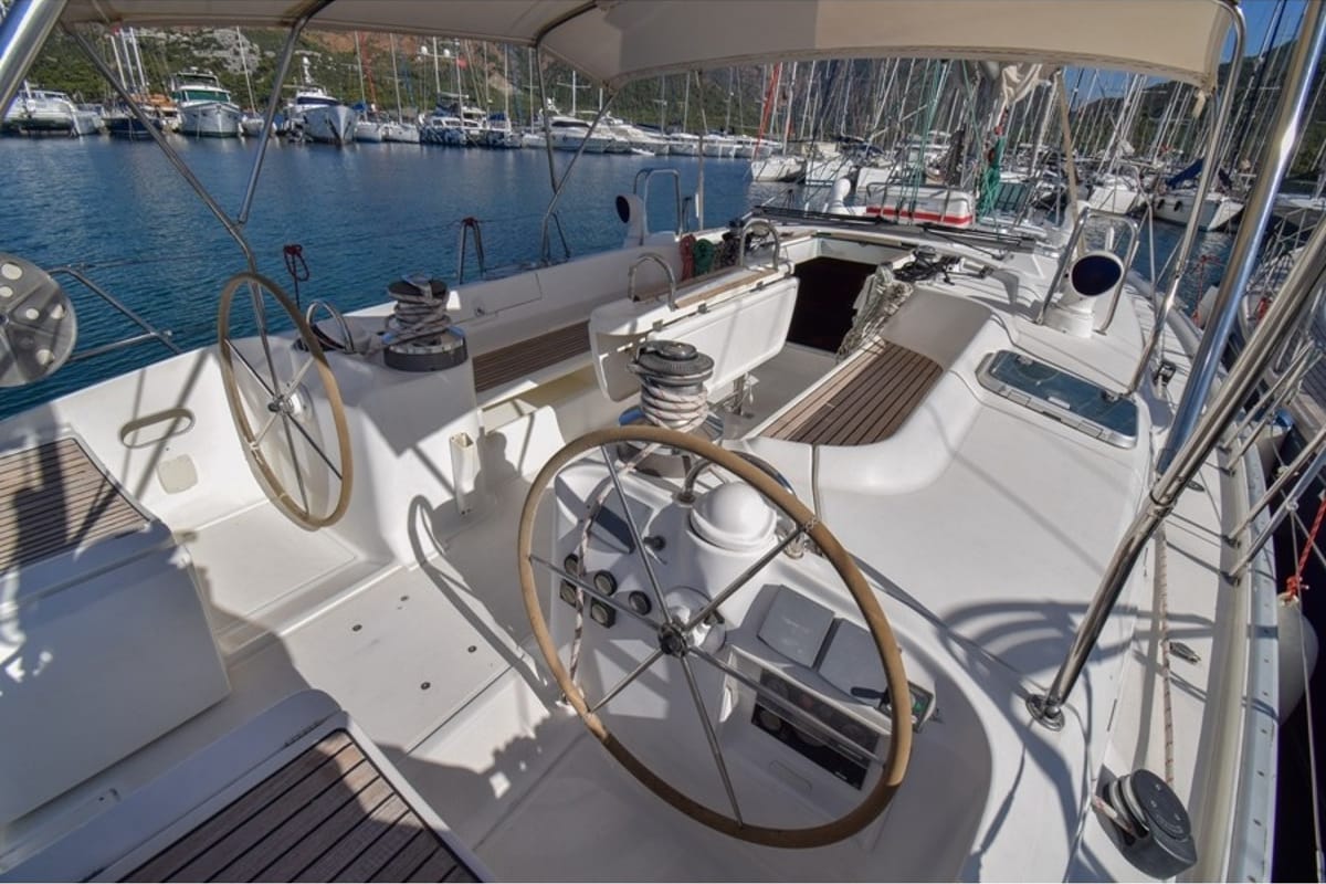 Cockpit of INTERMEZZO, a Beneteau 50 sailboat at Sithonia Municipal Unit, Greece