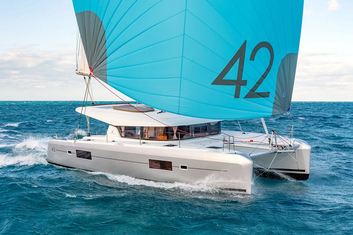 Exterior view of L42-20A, a Lagoon 42 catamaran at Athens, Greece