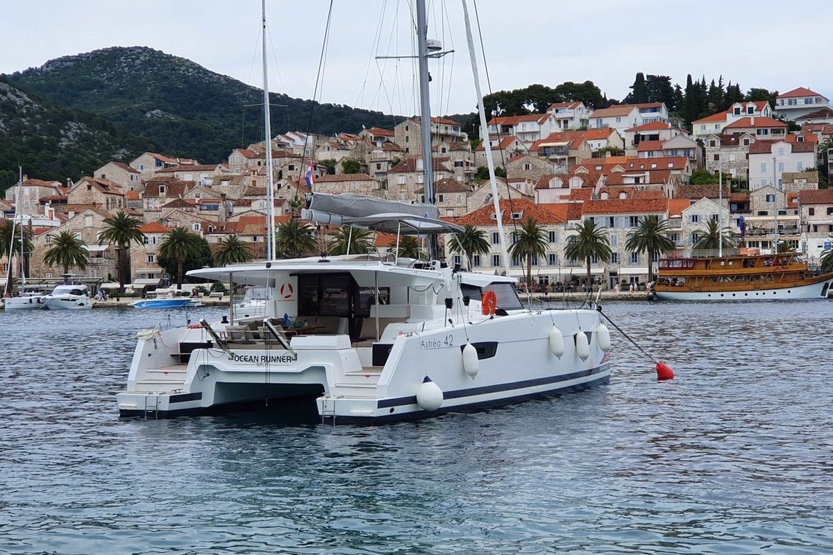 Exterior view of OCEAN RUNNER, a Fountaine Pajot Astréa 42 catamaran at Općina Medulin, Croatia