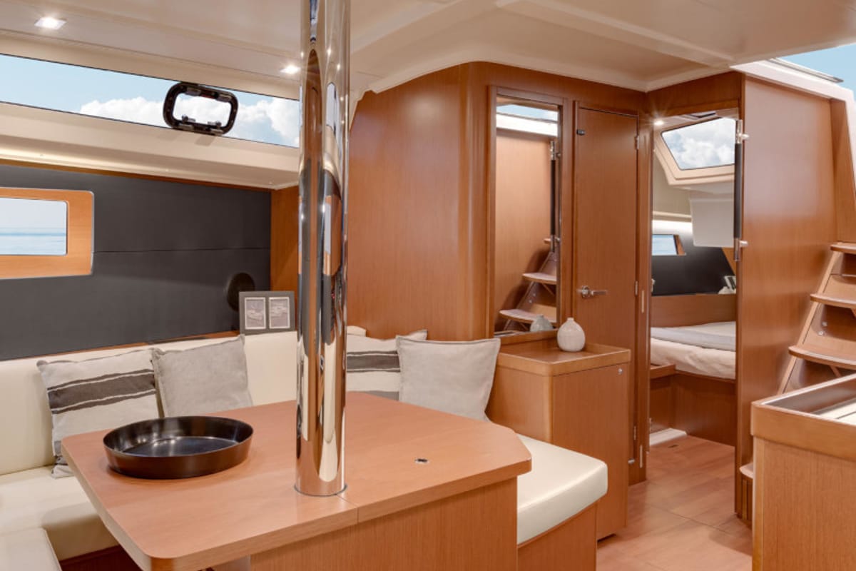 Salon of Alma Libre VI, a Jeanneau Sun Odyssey 410 sailboat at Municipal Unit of Lefkada, Greece
