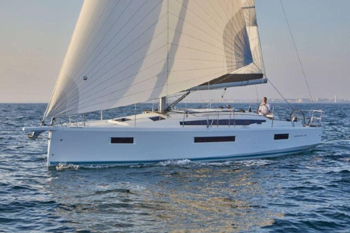 Exterior view of Alma Libre VI, a Jeanneau Sun Odyssey 410 sailboat at Municipal Unit of Lefkada, Greece