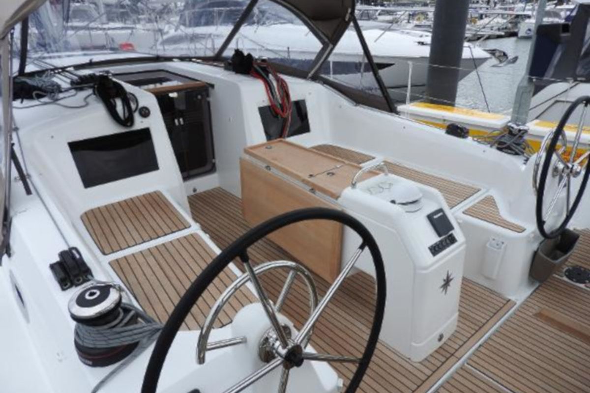 Cockpit of Alma Libre VI, a Jeanneau Sun Odyssey 410 sailboat at Municipal Unit of Lefkada, Greece