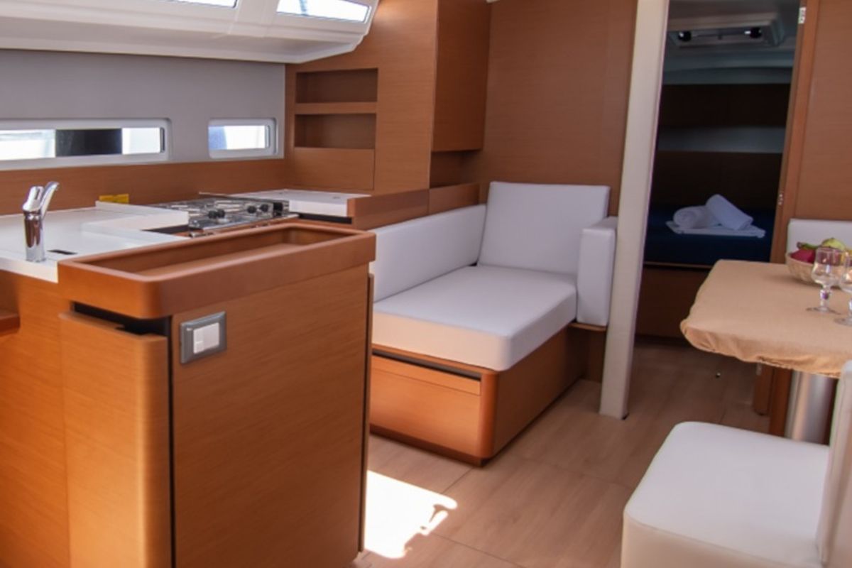 Galley of Alma Libre VI, a Jeanneau Sun Odyssey 410 sailboat at Municipal Unit of Lefkada, Greece