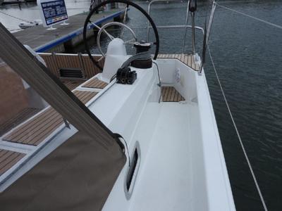Deck of Alma Libre VI, a Jeanneau Sun Odyssey 410 sailboat at Municipal Unit of Lefkada, Greece