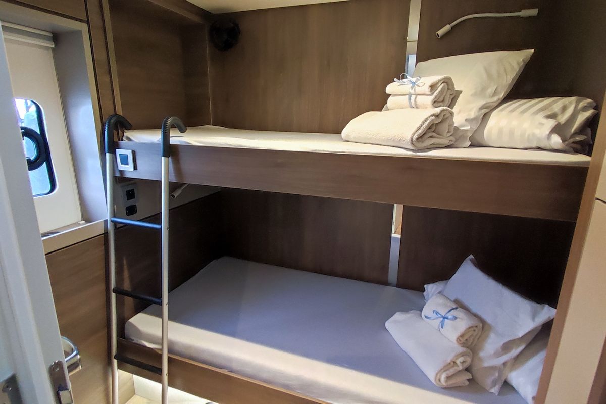 Cabin on Physeter, a Bali 4.8 catamaran at Olbia, Italy