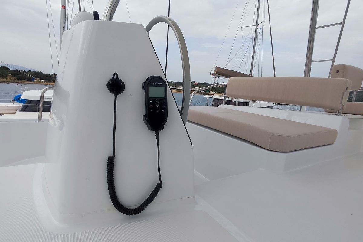 Cockpit of Physeter, a Bali 4.8 catamaran at Olbia, Italy