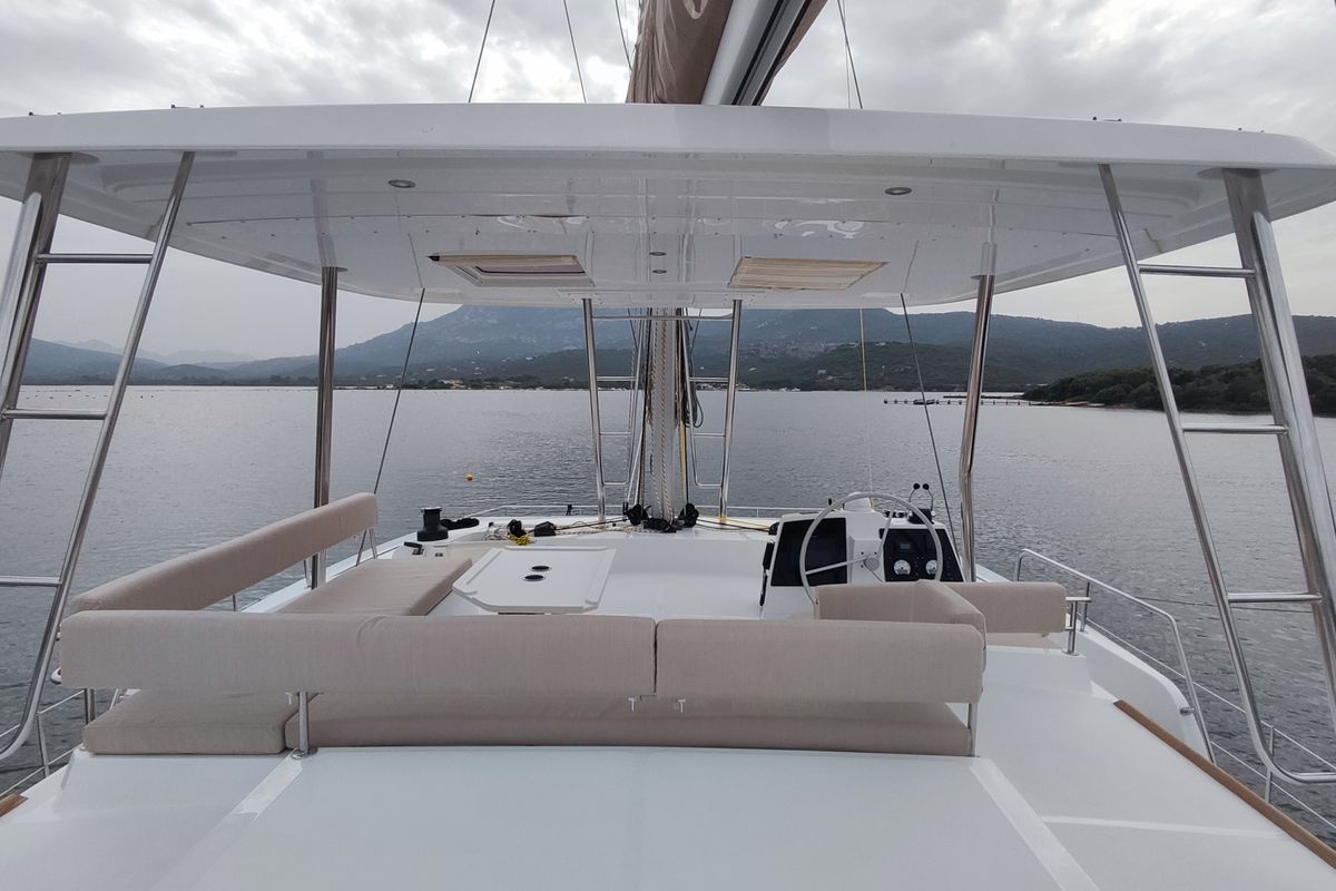 Deck of Physeter, a Bali 4.8 catamaran at Olbia, Italy