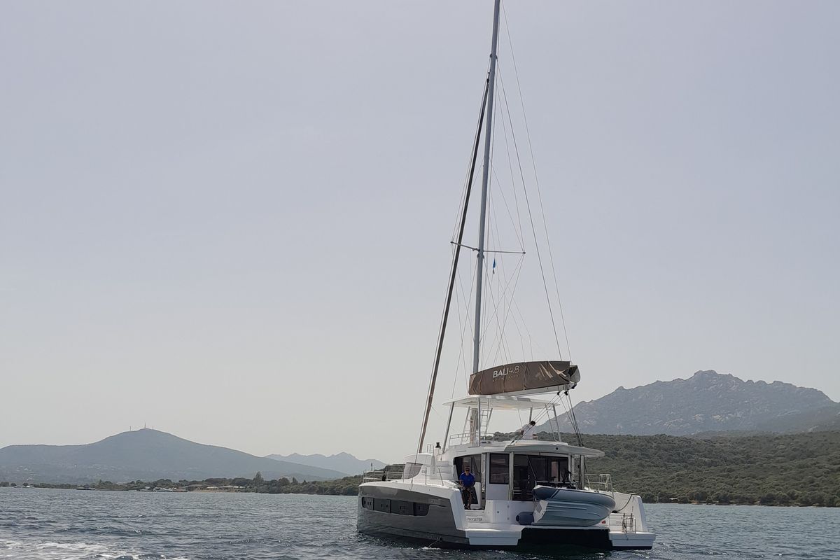 Exterior view of Physeter, a Bali 4.8 catamaran at Olbia, Italy