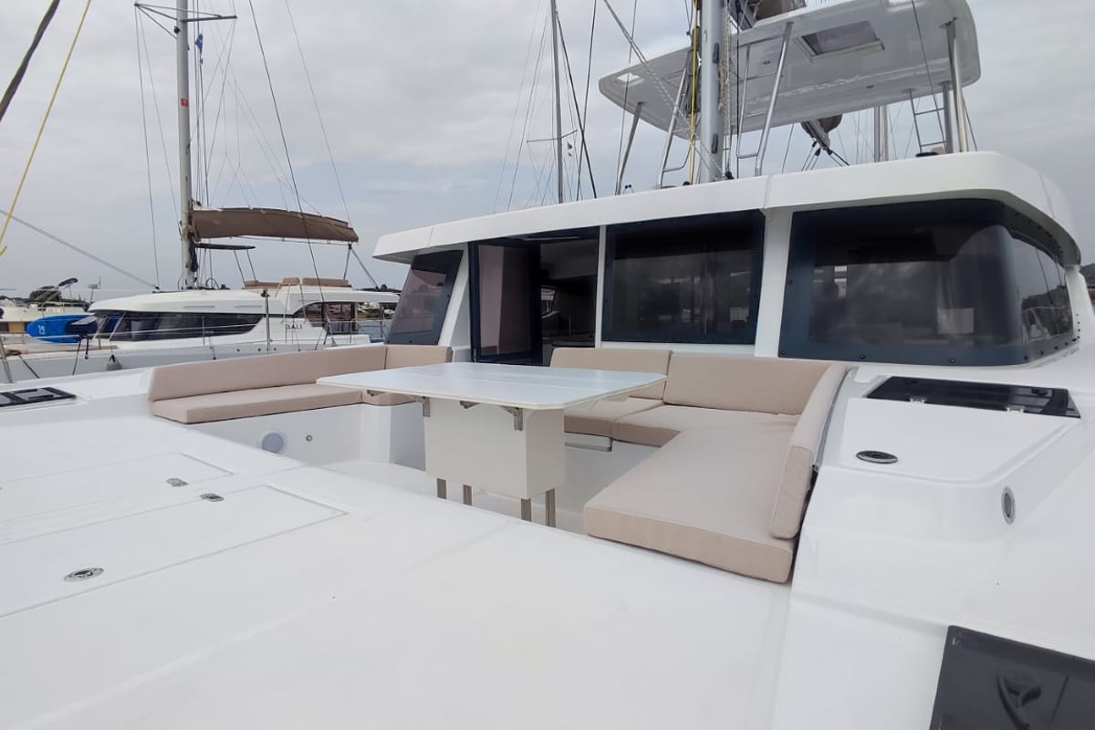Deck of Physeter, a Bali 4.8 catamaran at Olbia, Italy