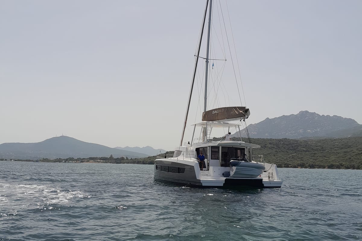 Exterior view of Physeter, a Bali 4.8 catamaran at Olbia, Italy