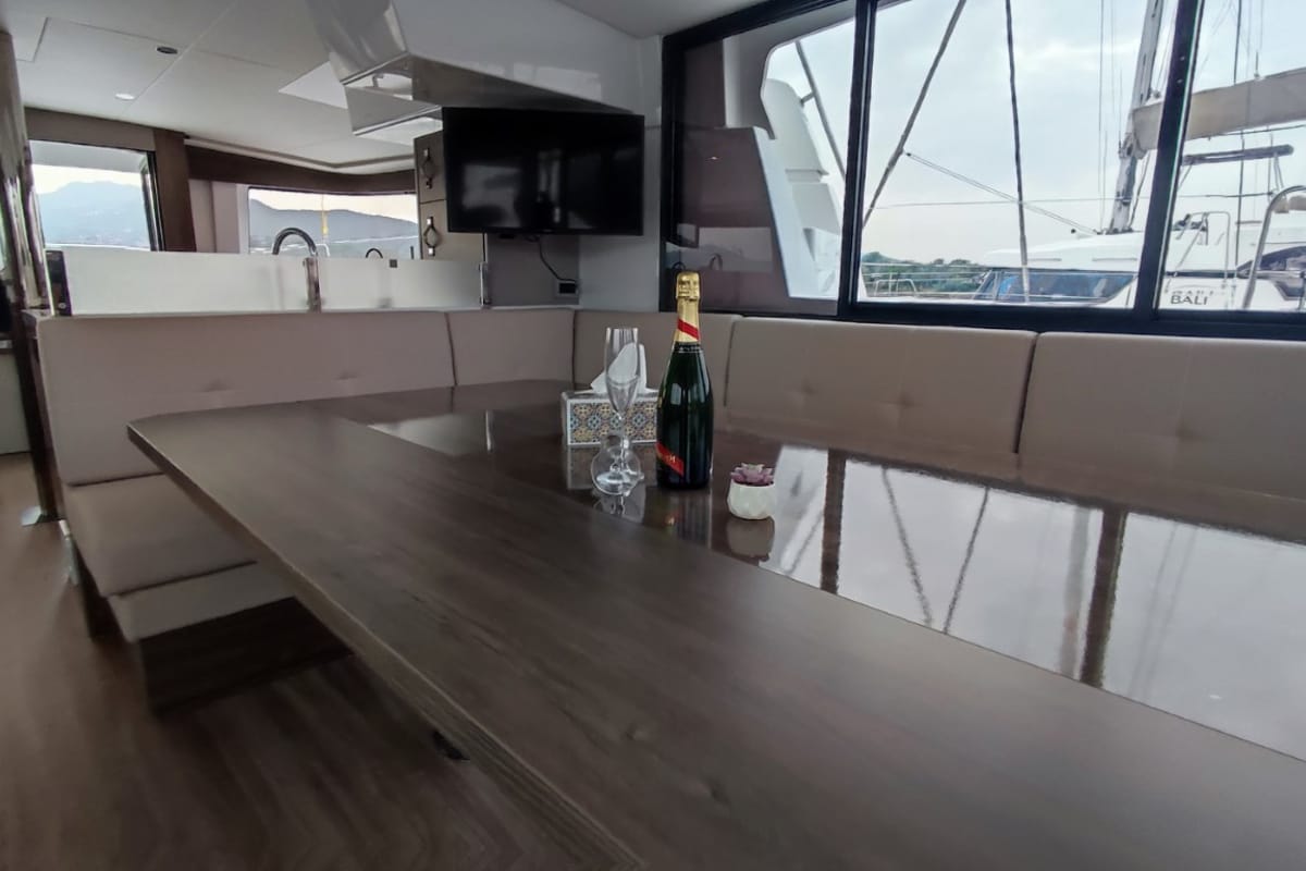 Salon of Physeter, a Bali 4.8 catamaran at Olbia, Italy